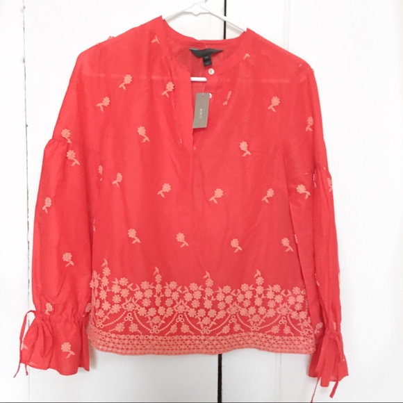 NWT J.Crew Red Embroidered Popover Blouse - Picture 2 of 4